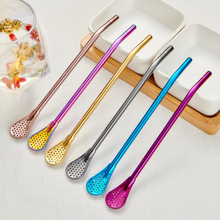 Wholesale 304 stainless steel straw spoon beverage coffee scented tea mate tea dual-use metal straw stirring filter spoon