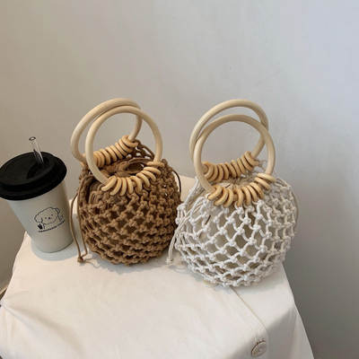 (With inner bag) Handmade Drawstring Straw Woven Bag Small Fresh Shoulder Woven Beach Bag Women's Bag Handbag Wooden Handbag