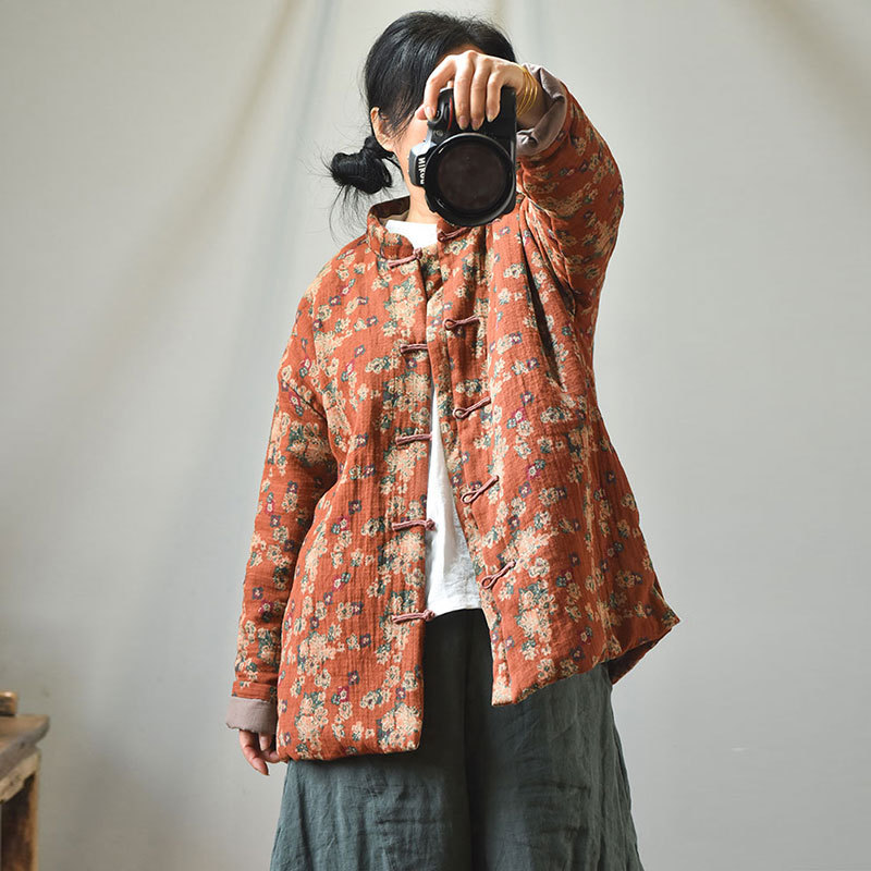 Naran/original plus size cotton and linen women's clothing Chinese cardigan stand collar casual cotton-padded clothes vintage printed warm cotton-padd_voghion.com