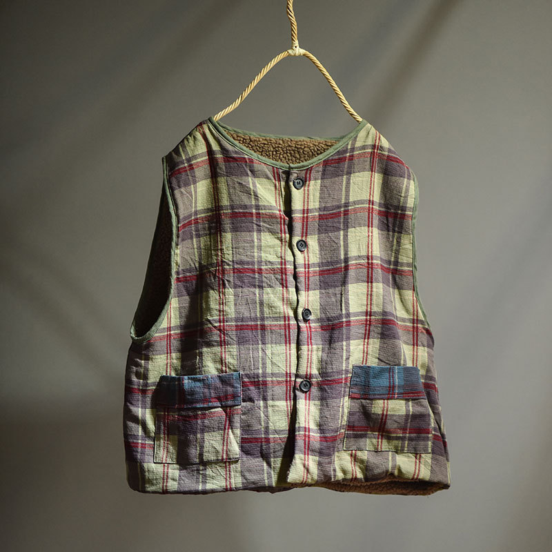 Gege/Original Cotton and Linen Women's Clothing Spring Autumn and Winter Lamb Velvet Thickened Cotton Vest Vintage Warm Shoulder Vest