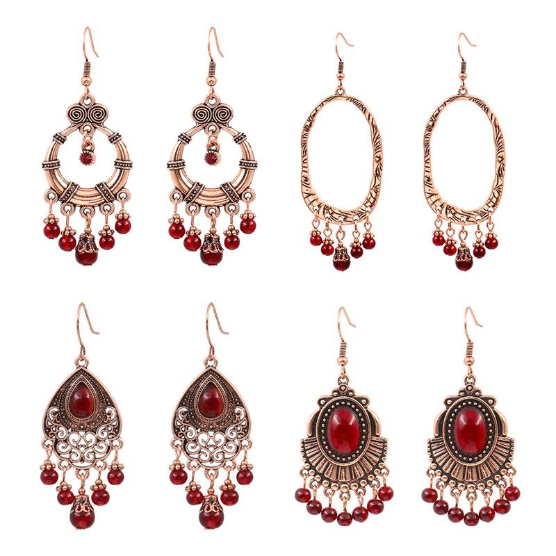 European and American New Retro Red Garnet Earrings Women's Geometric Transfer Earrings Ear Jewelry Round Face Slimming