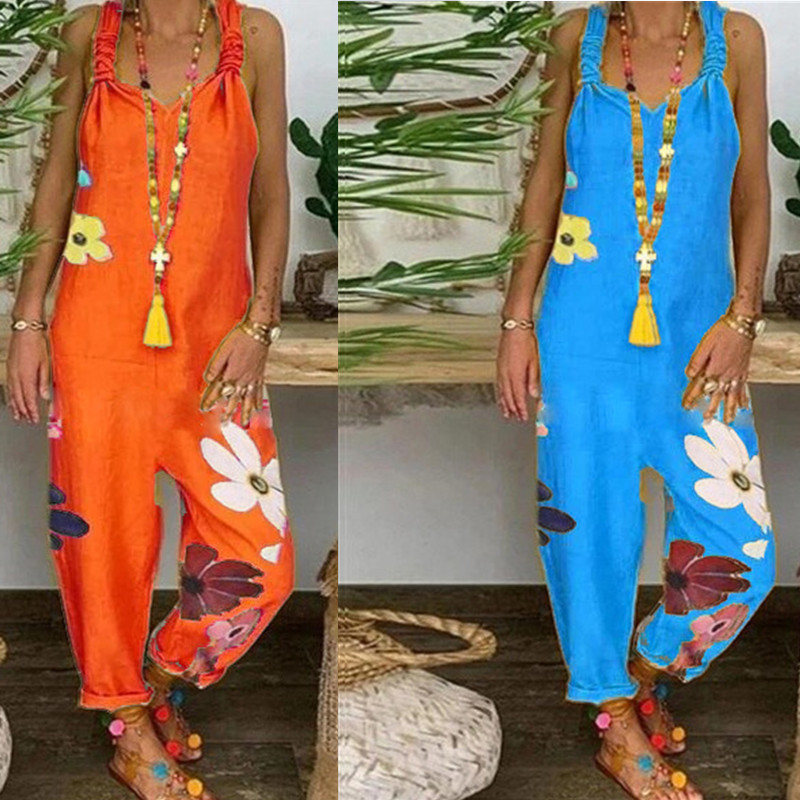 Spot 2022 European and American AliExpress Amazon women's loose casual large size printed one-piece suspenders