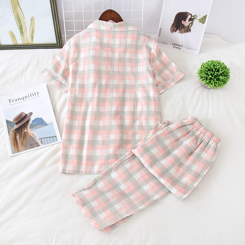 Spring Summer Autumn Men's and Women's Double Gauze Home Clothes Couple's Japanese Style Cotton Pajamas Short-sleeved Trousers Casual Suit_voghion.com