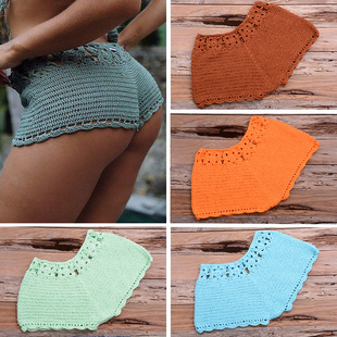 Amazon foreign trade hot handmade beach solid color short swimming trunks sexy hollow hand hook pure cotton sunscreen wholesale