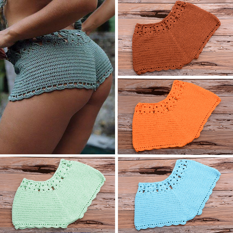 Amazon Foreign Trade Crochet Beach Solid Color Short Swimsuit Sexy Hollow Hand Hooked Beach Cover Shirt Vacation 
