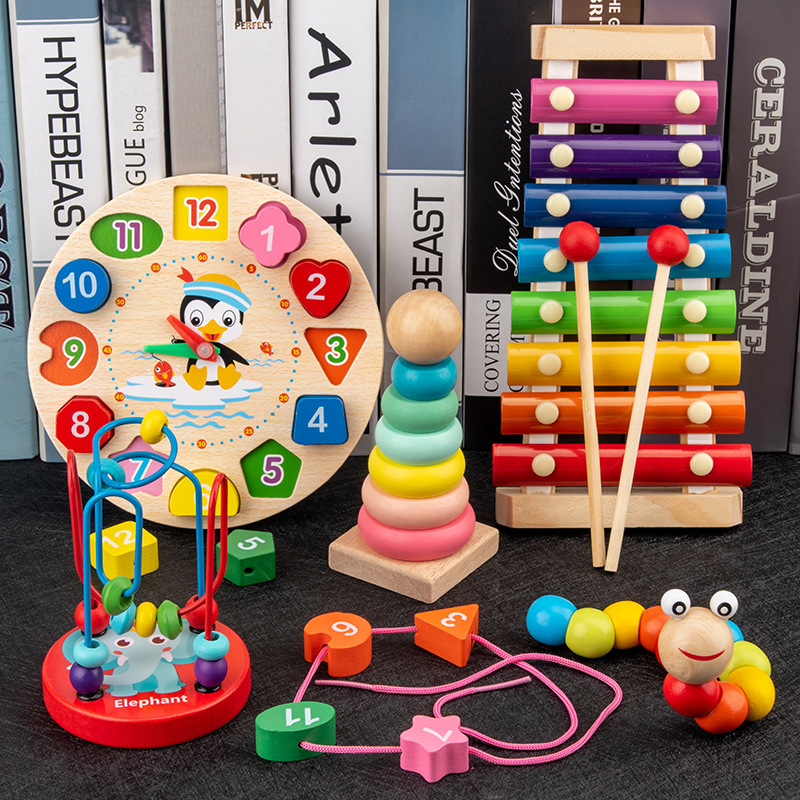 Infant Children's eight-tone hand-knocking piano beaded twisted insect rainbow tower baby early education educational wooden toys