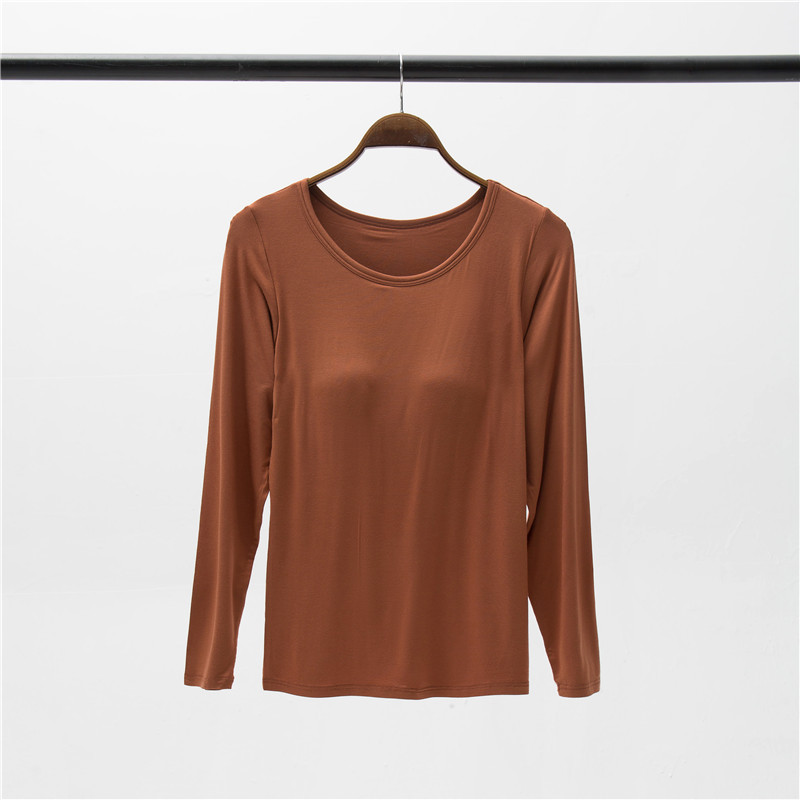 胸パッド付き丸首長袖tシャツモーダル女性無料ブラジャーカップ一体スチールリングなしパジャマ下着シャツ|undefined