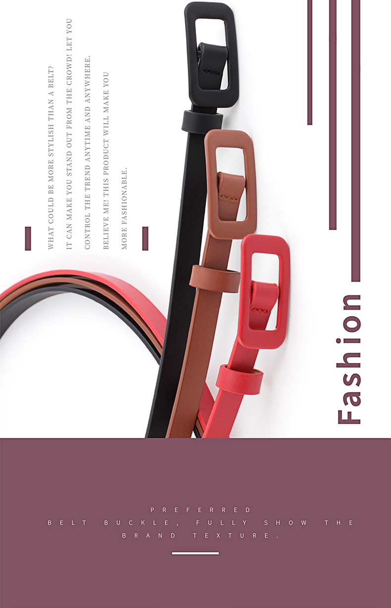 Nouvelle ceinture en PU légère de couleur unie pour femme, petite ceinture à boucle carrée, sans aiguille, sans perforation, décorative, fine, capacité de fonctionnement en stock_voghion.com