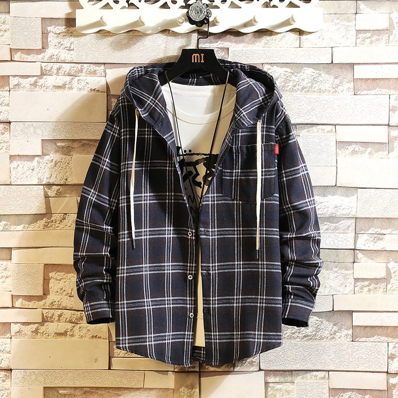 Japanese 2023 New Men's Loose Plaid Long-sleeved Hooded Shirt Large Size Fashionable Casual Shirt Jacket