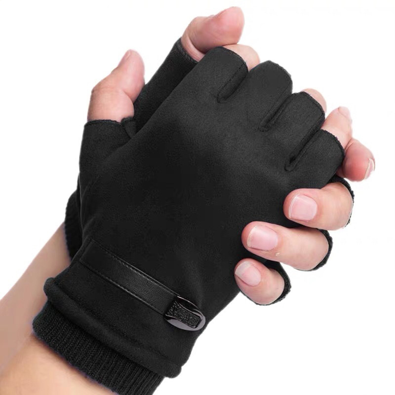 Half-Finger Gloves Men's Autumn and Winter Warm Fleece-Lined Thin Student Driving Five-Finger Outdoor Half-Finger Exposure Writing Gloves