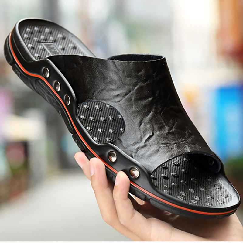 2020 Summer New Style Cool Breathable Men's Shoes Slide Slippers Beach Sandals Leather Top Large Size 48 Men's Trendy Shoes