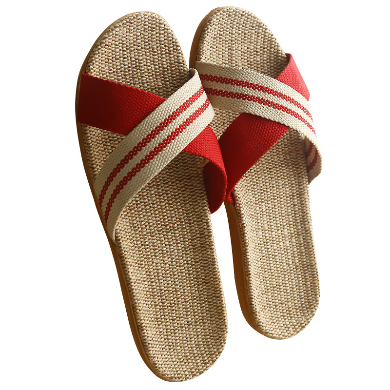 Cross Strap Linen Slippers Women's Summer Home Couple's Thick Bottom Non-Slip Indoor Soft Bottom Home Sandals and Slippers Men's Summer