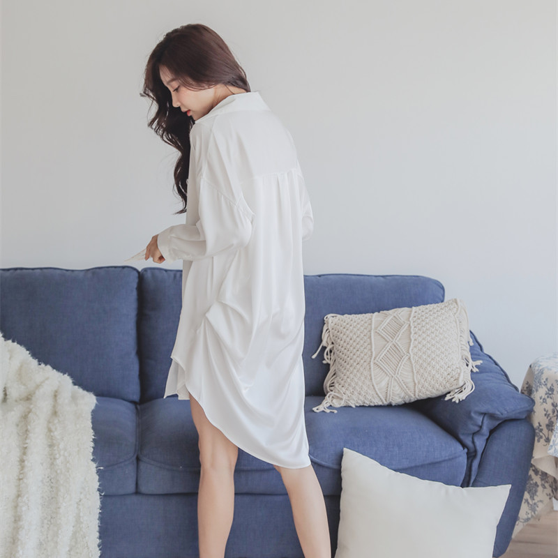 Spring and Summer oversize style pajamas Women's Ice Silk home wear can be worn outside long sleeve sexy boyfriend style shirt nightdress