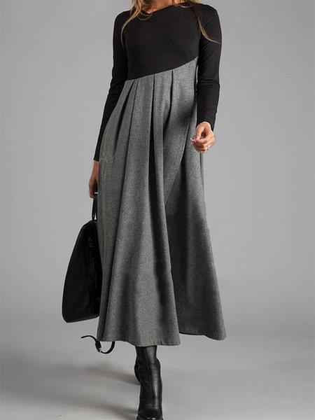 2023 Independent station autumn and winter Amazon New woolen dress color V-neck long sleeve stitching large swing dress