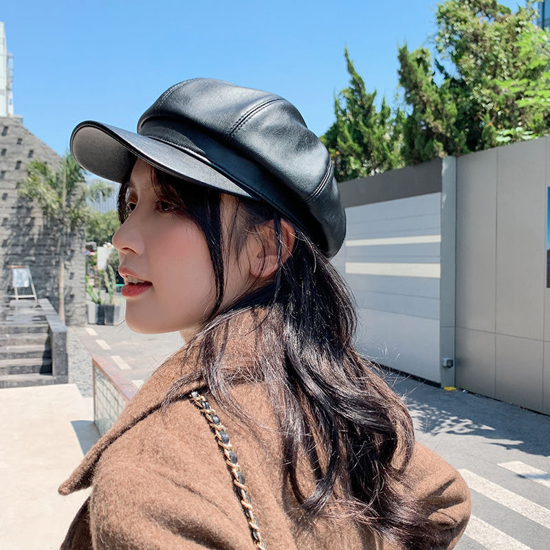網紅皮質貝雷帽子女秋冬韓版學生可愛百搭圓臉英倫風八角帽南瓜帽