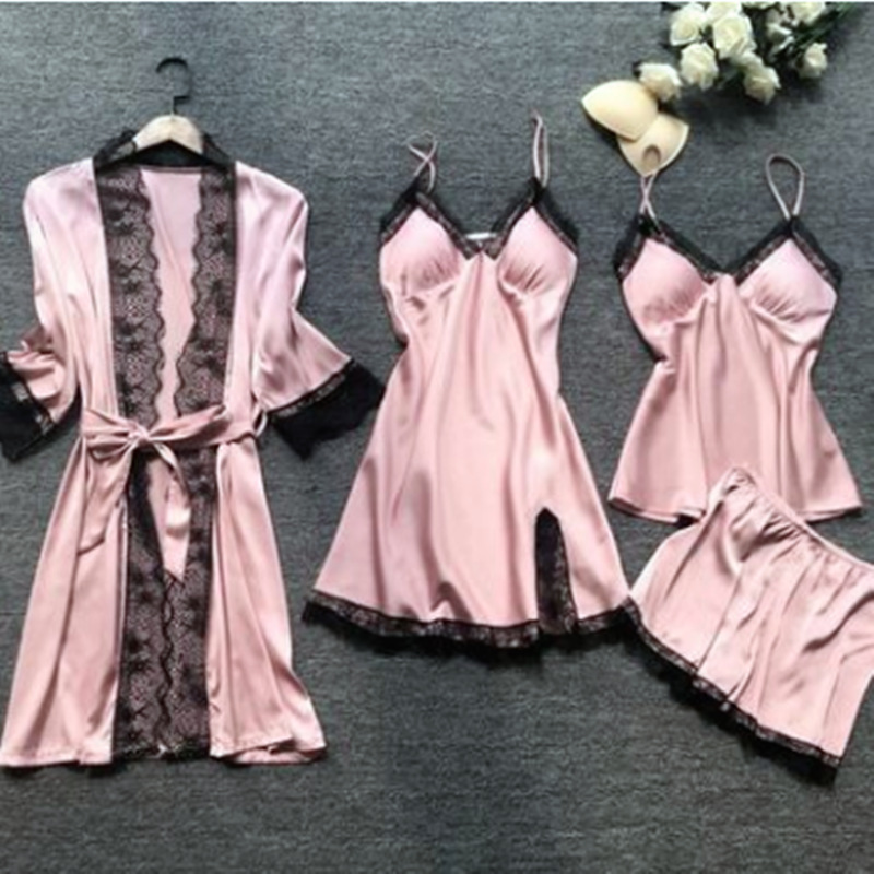 Cross-border Ladies Sexy Home Wear Pajamas Summer Sexy Pajamas Four-piece Set Korean Style Sling Women's Belt Chest Pad Manufacturers