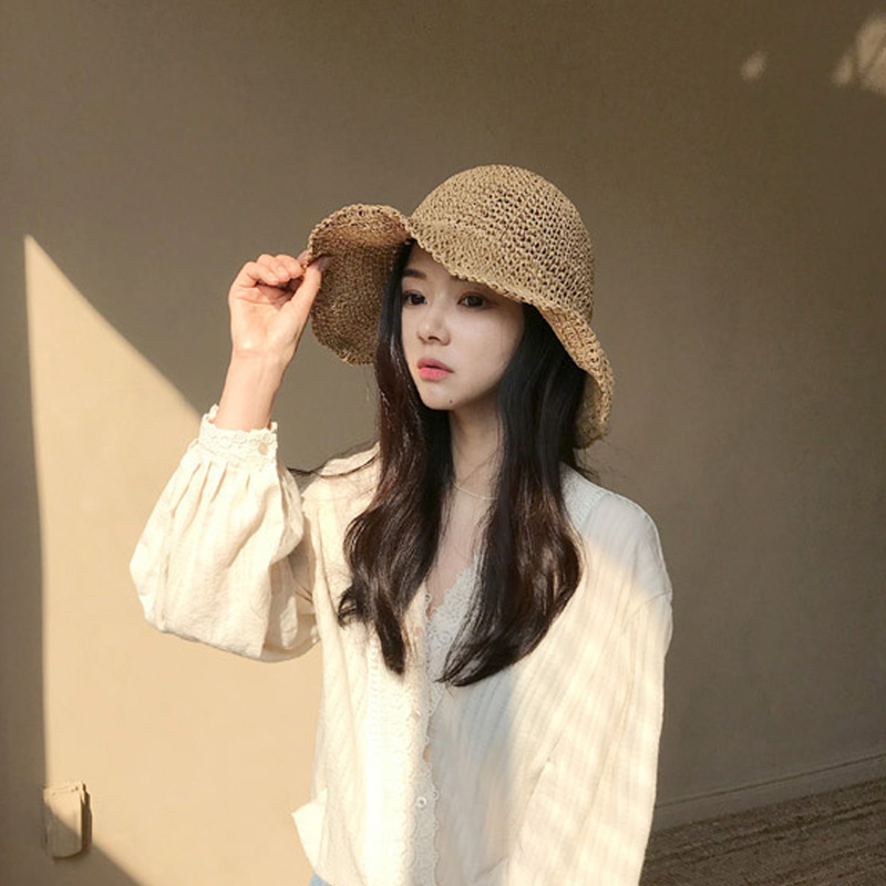 帽子の女性の韓国版の潮夏の日よけの日よけの帽子は顔の漁師の帽子のビーチの大きいつばを覆って小さい清新な麦わら帽子を畳むことができます。|undefined
