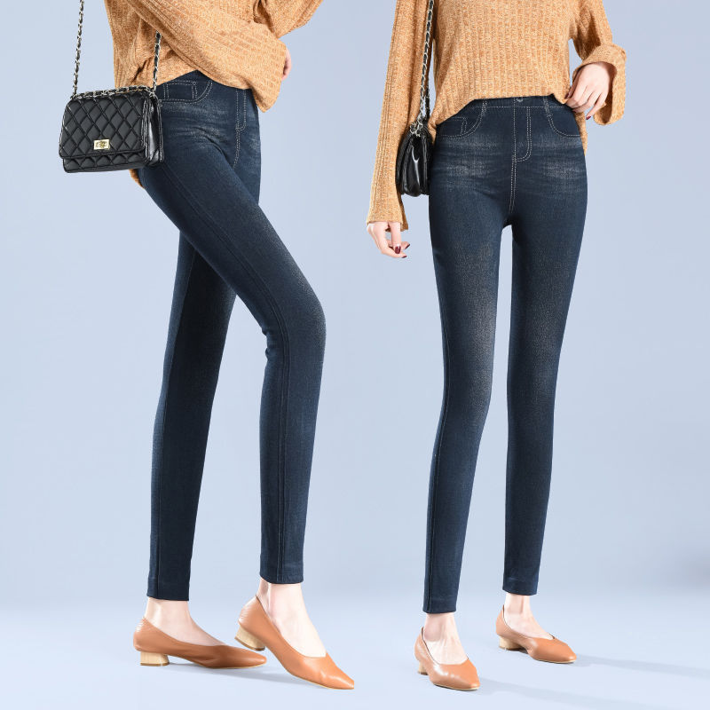 Spring and autumn four-sided high stretch imitation jeans Yiwu black leggings women wear pure blue pure black strict