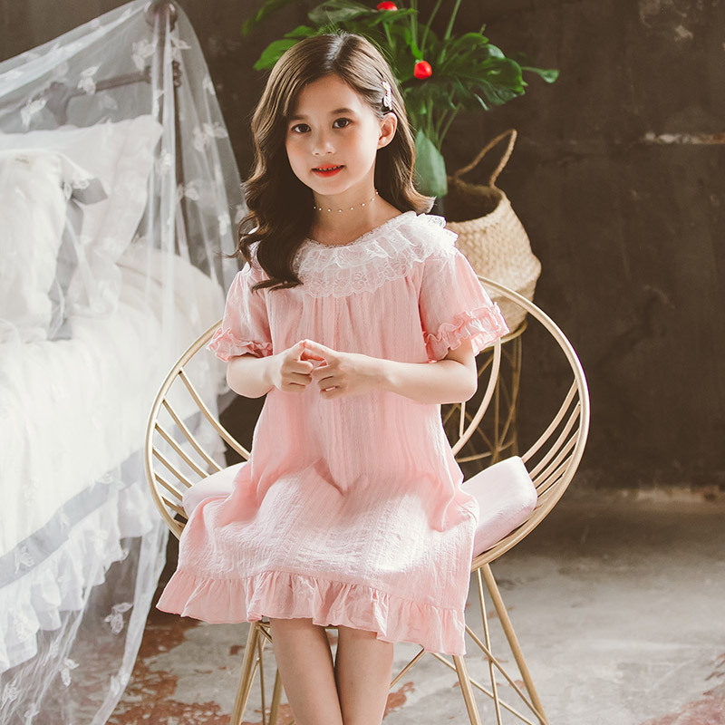 Girls nightdress female summer princess wind cotton summer children thin princess short sleeve lace half sleeve a generation of hair