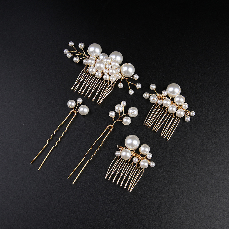 European and American Pearl Bride Headwear Red and White Pearl Hair Insert Wedding Jewelry Small Hairpin Wedding Dress Accessories Headwear Set