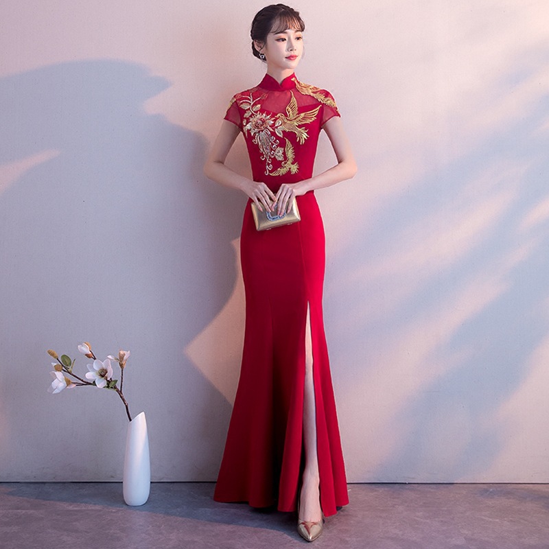 Chinese Bride Toasting Dress Cheongsam 2023 New Summer Red Fishtail Long Wedding Dress Women's Chinese Style