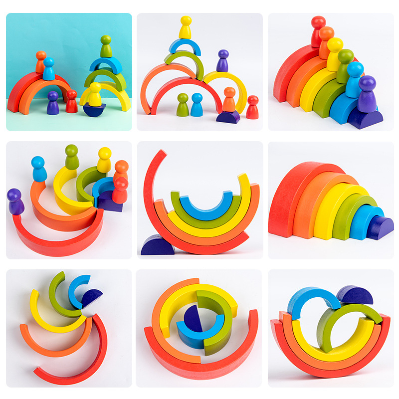 Wholesale Wooden Assembled Rainbow House Little Man Set Barrel Building Block Combination Children's Early Education Stacking Toys Cross Border
