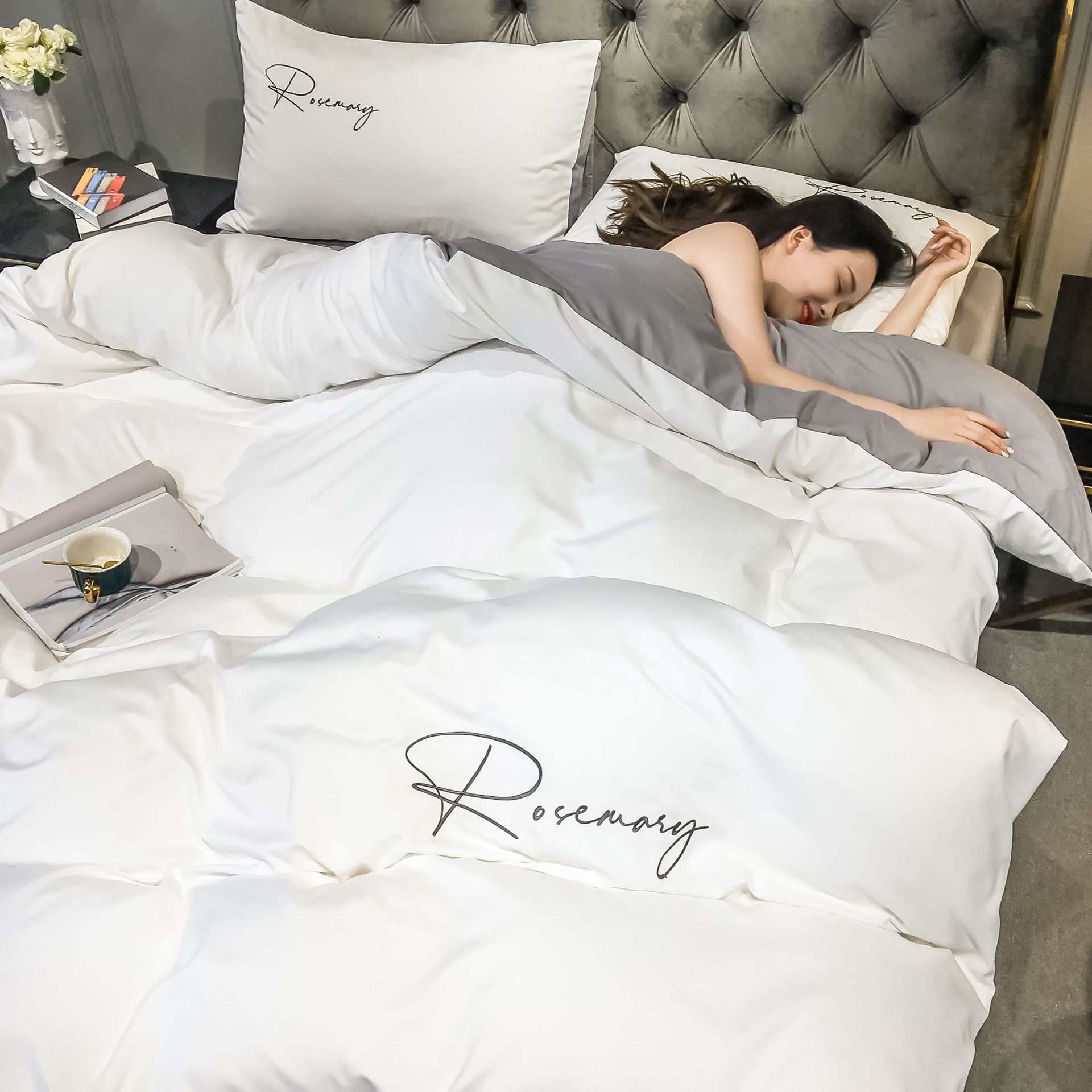 Nordic Style Simple Washed Cotton Solid Color Four-piece Set Naked Sleeping Bed Sheet Quilt Cover Three-piece Set Dormitory Bedclothes Bedding