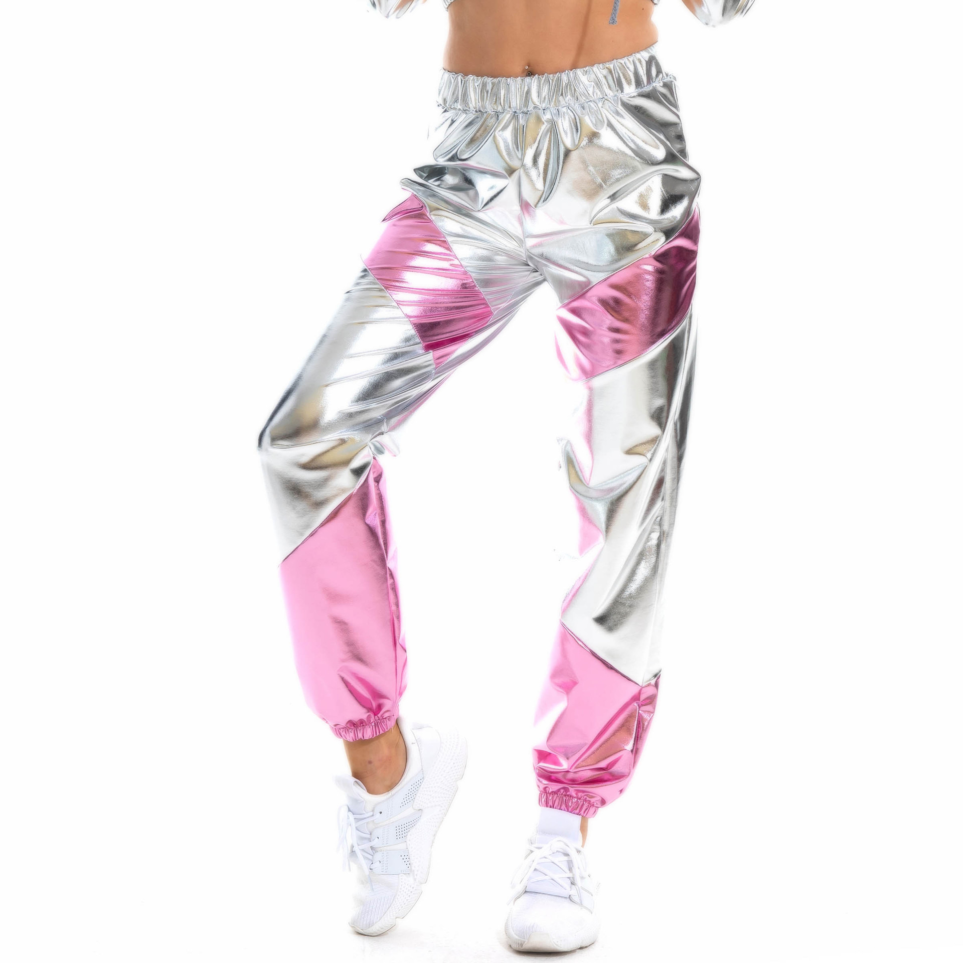 Cross-border explosions color matching pants women bronzing patent leather colorful laser pocket loose women's pants a generation of hair