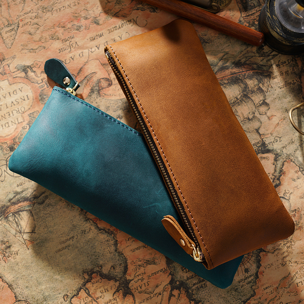 Men's and Women's Genuine Leather Zipper Simple Small Pencil Case Cowhide Pencil Case Personalized Handmade Creative Vintage Stationery Box Storage Bag