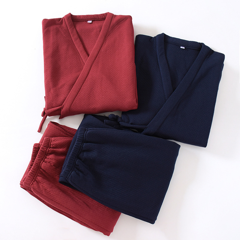 Fall/winter Japanese men's kimono pajamas knitted cotton air layer cotton plus size home clothing two-piece suit 200kg