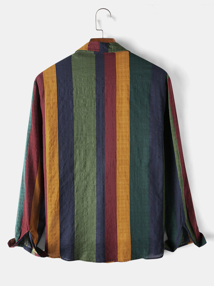 Explosions Men's Striped Shirt 2020 Men's Contrast Color Striped Cotton and Linen Belt Breathable Long Sleeve Shirt in stock