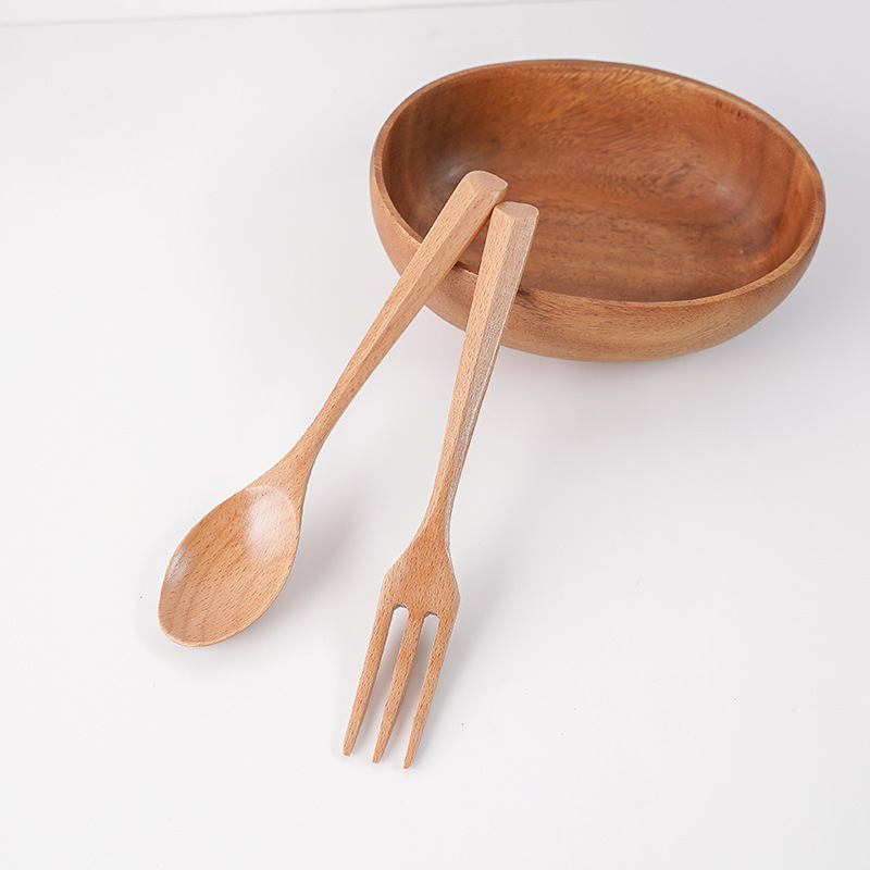Beech Wood Spoon Creative Japanese and Korean Style Triangle Handle Solid Wooden Spoon Fork Chopsticks Set Wooden Tableware Small Spoon Laser Engraving