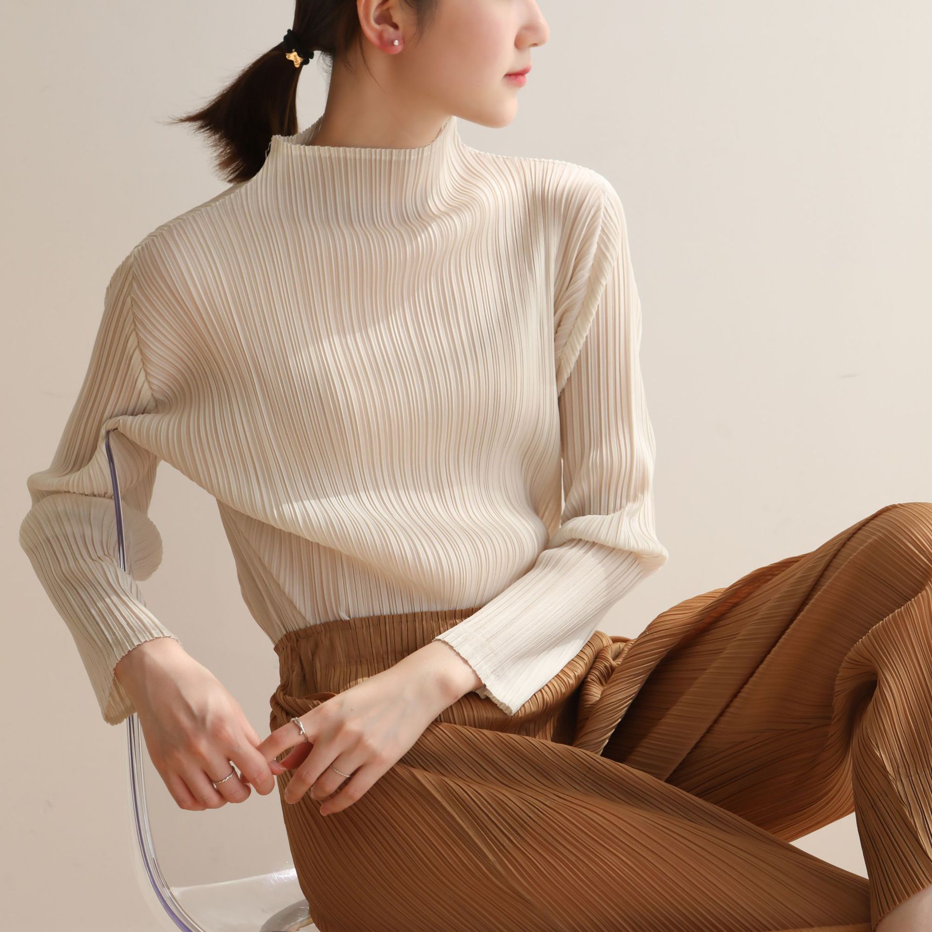 Popular Special Offer 2022 Autumn Spring ins Style High-end Pleated Lifetime High Neck Long Sleeve Slimming Large Size Casual Base Shirt