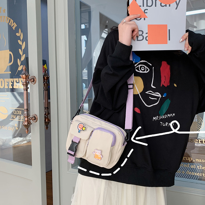Cute Bear Double Pocket Canvas Small Bag 2020 Winter New Harajuku Style Crossbody Bag Internet Celebrity Small Square Bag