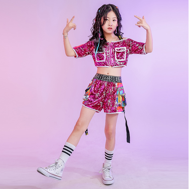 女童兒童嘻哈街舞爵士舞演出服洋氣時尚個性走秀模特潮服梅紅亮片