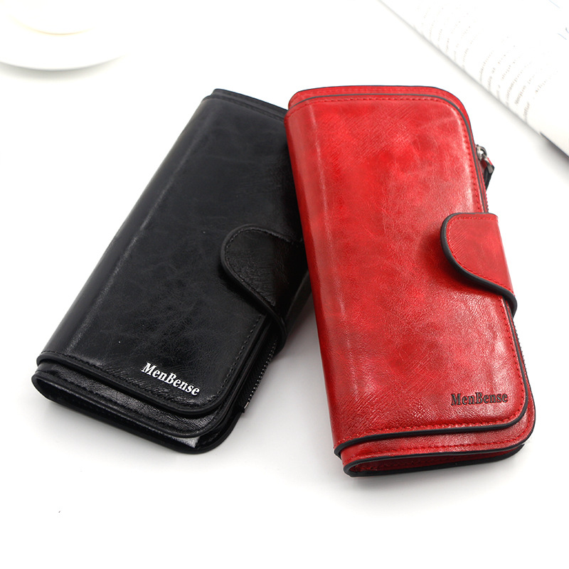 Stilvolle lange Geldbörse für Damen, einfaches Ölwachsleder, einfarbig, Münzgeldbörse, Clutch für Damen_voghion.com