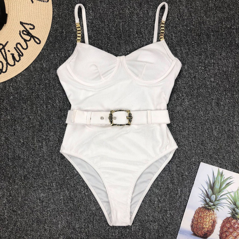 New Amazon European and American Women's One-piece Swimsuit Special Cloth Waist Buckle Metal Chain Shoulder Strap Sexy One-piece Bikini