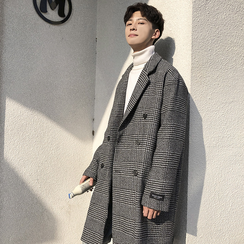 2022 Winter New Men's Korean-style Fashionable Double-breasted Woolen Coat Houndstooth Midi Woolen Trench Coat