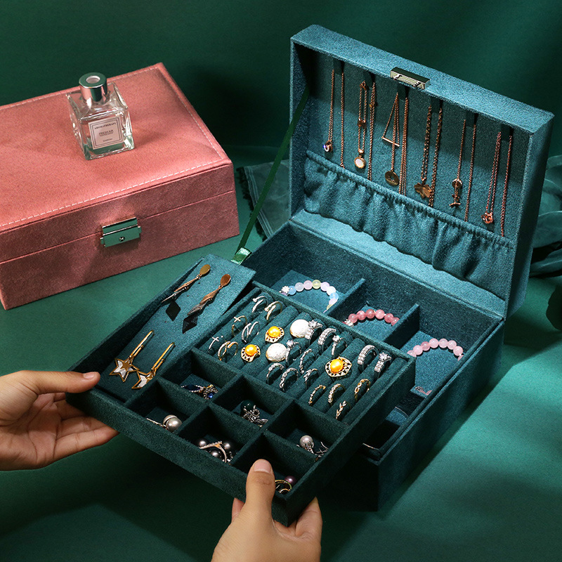 Flannel Double Layer Jewelry Box Korean Style Jewelry Box with Lock Jewelry Storage Box Ring Box Simple Ear Nail Box Gift Box