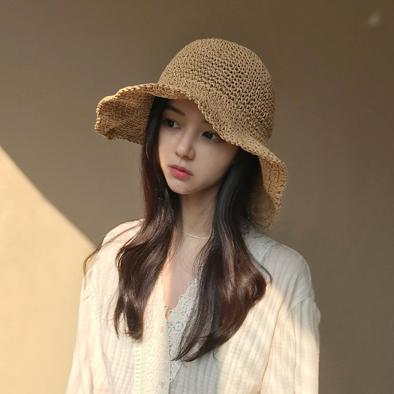 帽子の女性の韓国版の潮夏の日よけの日よけの帽子は顔の漁師の帽子のビーチの大きいつばを覆って小さい清新な麦わら帽子を畳むことができます。|undefined