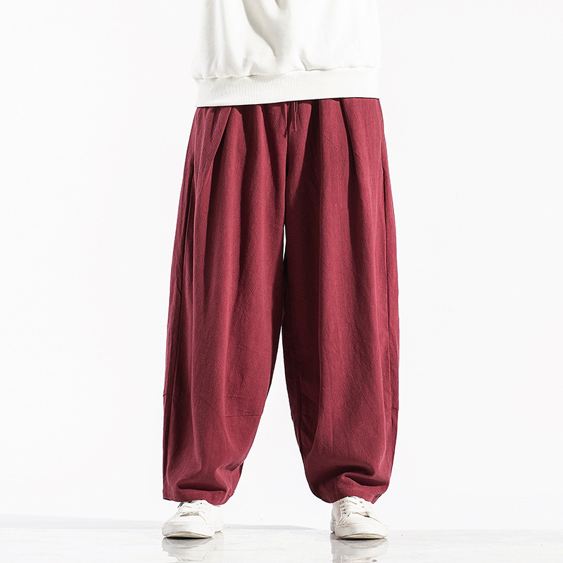 Linen pants men's trousers loose plus size wide leg pants straight cotton linen solid color Chinese style wide leg pants men