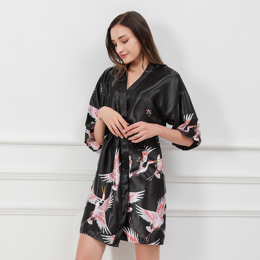 Amazon 2020 Summer Silk-like Women's Nightgown Cross-border Crane Short Printed Pajamas Women's Bathrobe Morning Gown