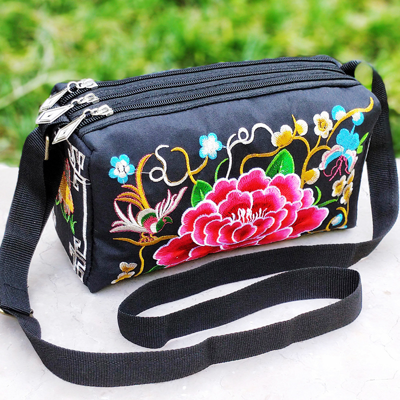 2023 New Yunnan Ethnic Style Embroidery Bag Crossbody Bag Three-zipper Double-sided Embroidery Bag Women's Shoulder Crossbody Bag