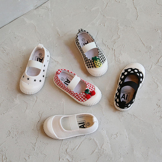 Korean girls square mouth shoes Cherry Wave canvas shoes baby toddler shoes kindergarten l 61 small white shoes