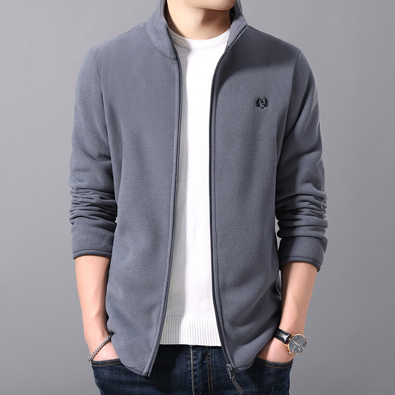 Polar fleece men's coat autumn and winter Korean style stand collar top fleece cardigan long wool fleece-lined thickened sweater