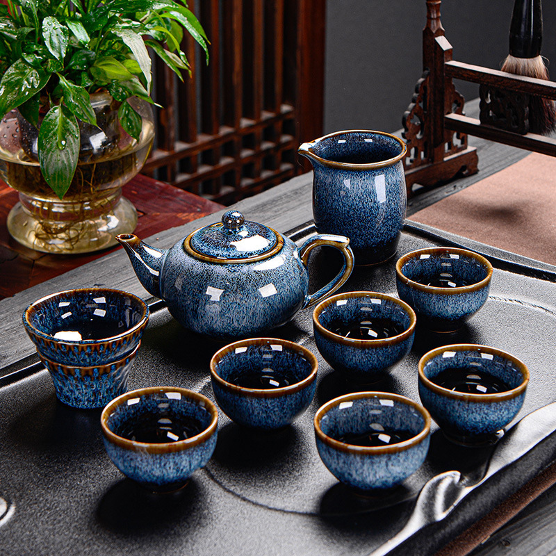 窯変伸糸天目釉薬建杯茶器セット湯飲みティーポット工夫茶器セット家庭用ギフトボックス|undefined