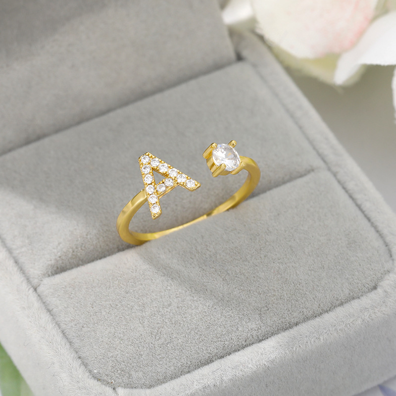 AliExpress cross-border new AZ letter ring gold ladies zircon ring creative finger adjustable spot