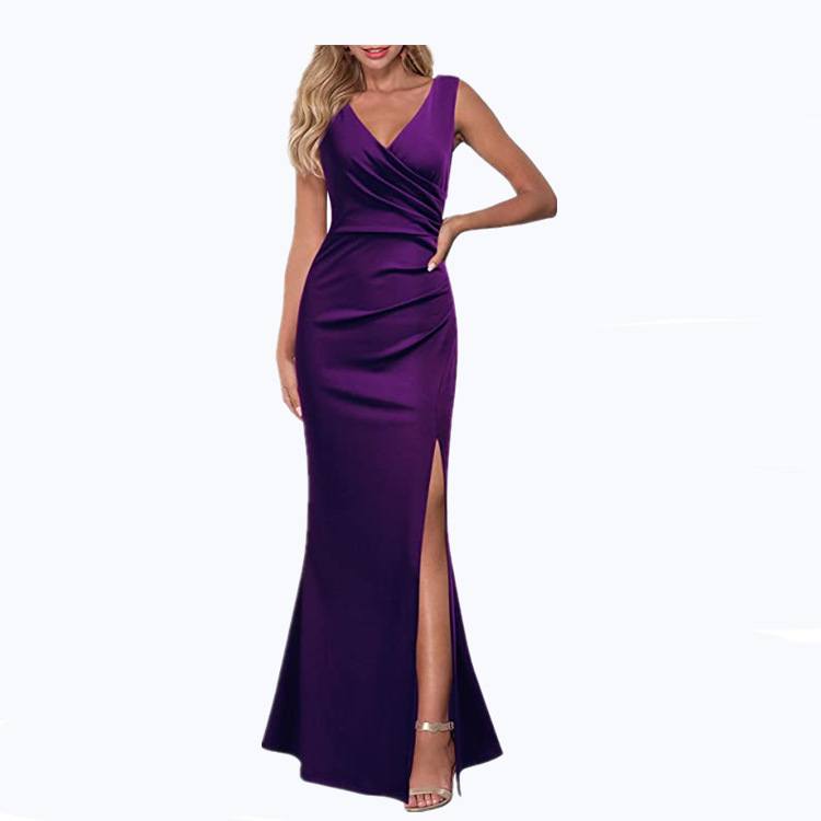 2020wish Cross-border Summer New European and American Dress Solid Color Slim Slim Strap Split Long Dress