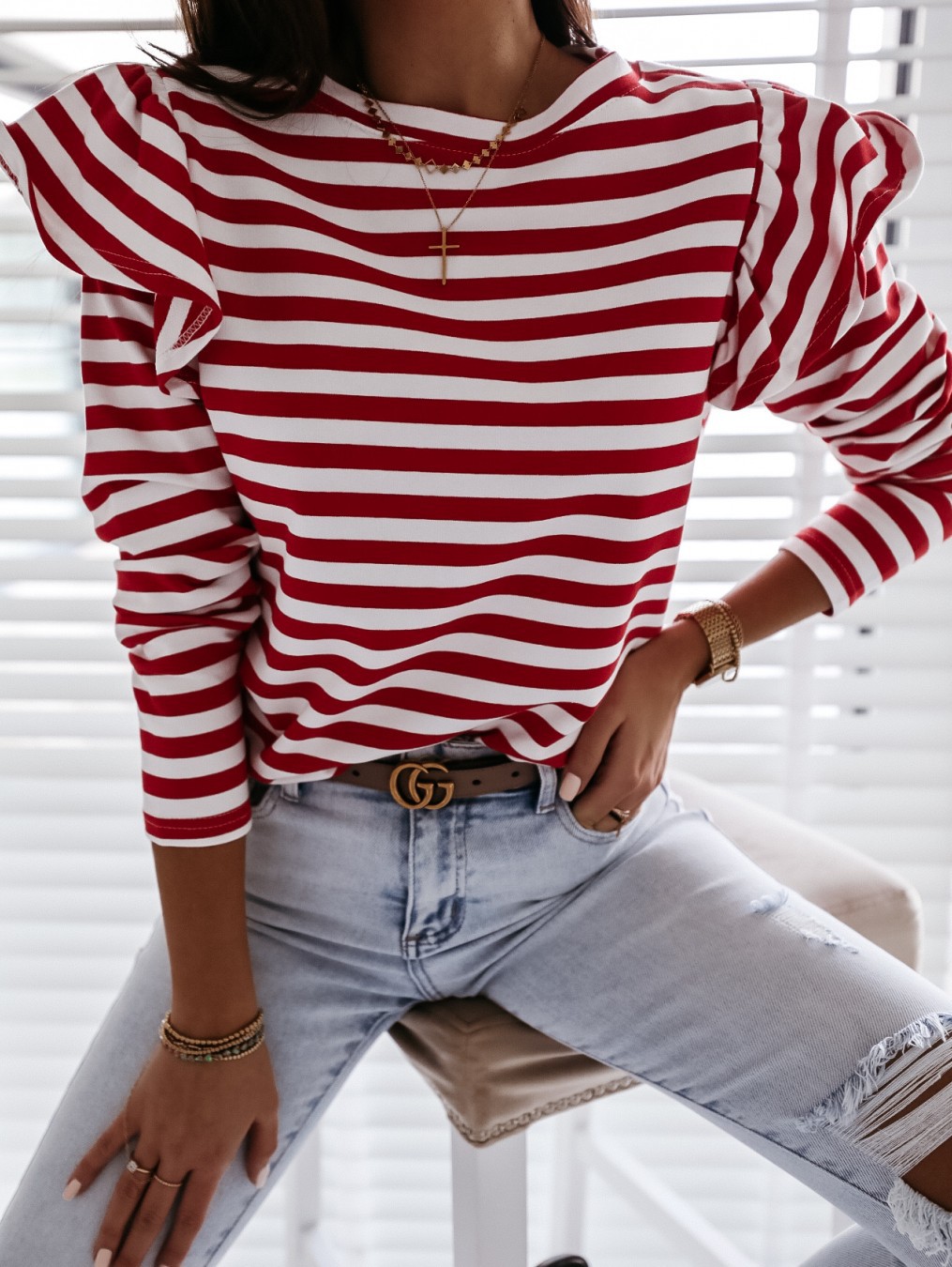 2020 autumn and winter European and American women's eBay Amazon wish explosions round neck long sleeve striped T-shirt MC2011