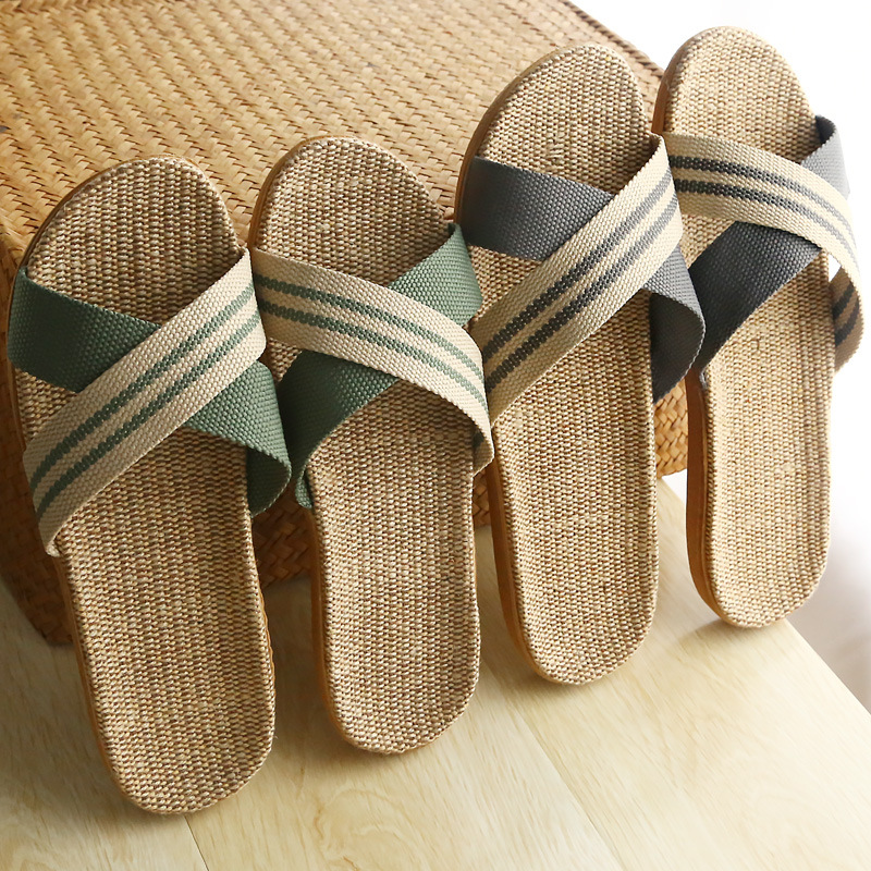 Cross Strap Linen Slippers Women's Summer Home Couple's Thick Bottom Non-Slip Indoor Soft Bottom Home Sandals and Slippers Men's Summer